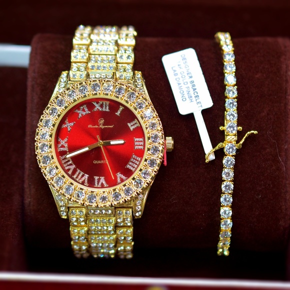 Full Iced Out Red Dial Watch, Tennis Bracelet Set - Picture 2 of 5